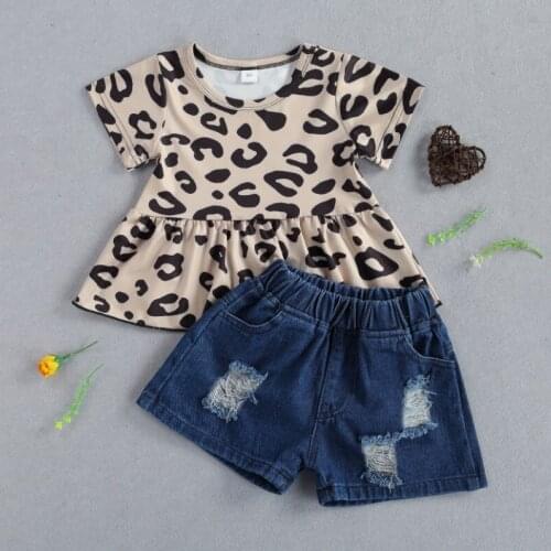 Girls Two Piece Set Summer 2021, Childrens Leopard Printed Round Neck Short Sleeve Shirt Ruffled Tops Denim Shorts for Kids