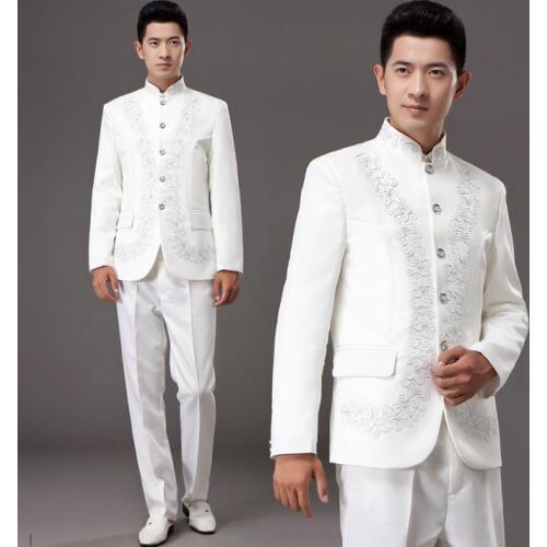 White 2020 embroidery stand collar slim men chinese tunic suit set with pants mens suits wedding groom dress suit + pant + tie