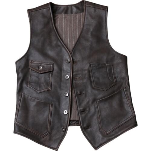 Genuine Brand Mens Leather Motorcycle Vest Biker Waistcoat Japanese Vintage West Cowboy Suit Cowhide Sleeveless Jackets