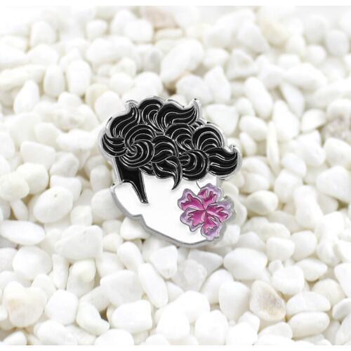 FLOWER BOY Soft Enamel Pin dark curls and a pink flower in the mouth tommyboydesign Cool enamel lapel is for all the artsy boy