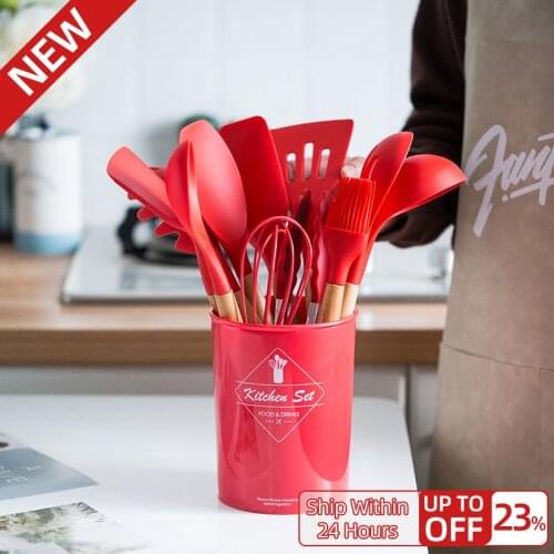 Silicone Kitchenware Set Cookware Wooden Handle Non-stick Cookware High Temperature Resistant Shovel Soup Spoon Kitchen Tools