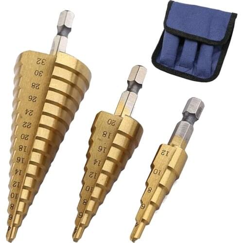 HSS Step Drill Bit Set of 3, 4-12mm 4-20mm 4-32mm Cone Titanium Wood Metal Hole Cutter Hex Shank Drive Quick Change Tool