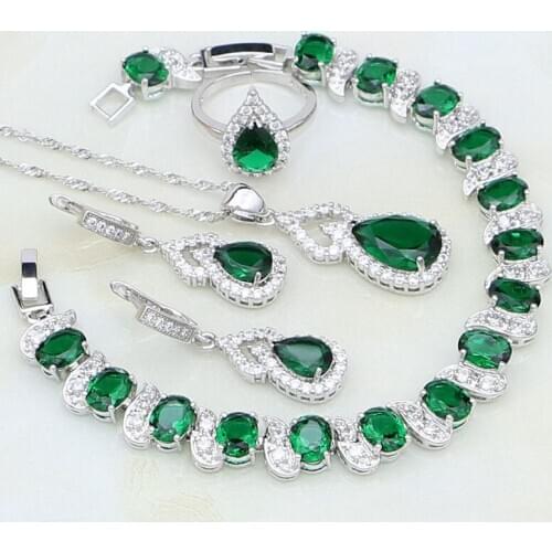 Green Crystal White CZ 925 Sterling Silver Jewelry Sets For Women Party Adjustable Open Ring/Earring/Pendant/Necklace/Bracelet