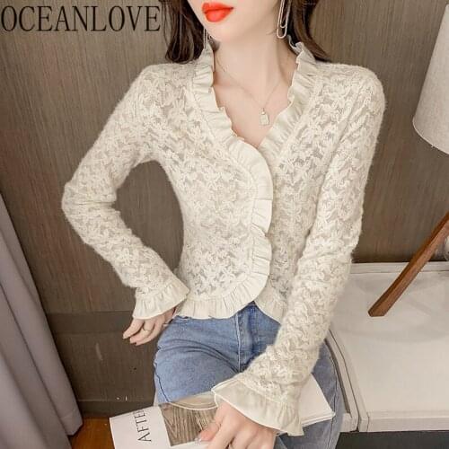 OCEANLOVE Lace Blusas Mujer Solid Flare Sleeve Solid V Neck Sexy Slim Autumn Winter Blouses Korean Short Retro Women Tops