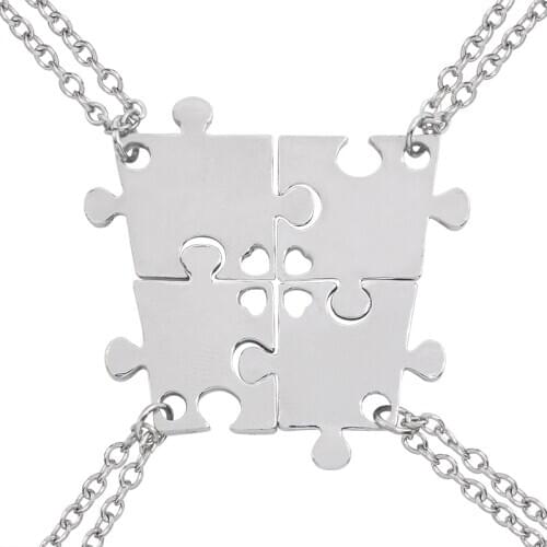 4 Pcs Set Best Friend Necklace Geometric Puzzle Shape Alloy Pendant BFF Necklace Metal Chain Friendship Fashion Jewelry Gift