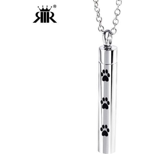 RIR Pet Paw Cylinder Ash Pendant Necklace Stainless Steel Cremation Urn Jewelry Necklaces Charms with Funnel Pin