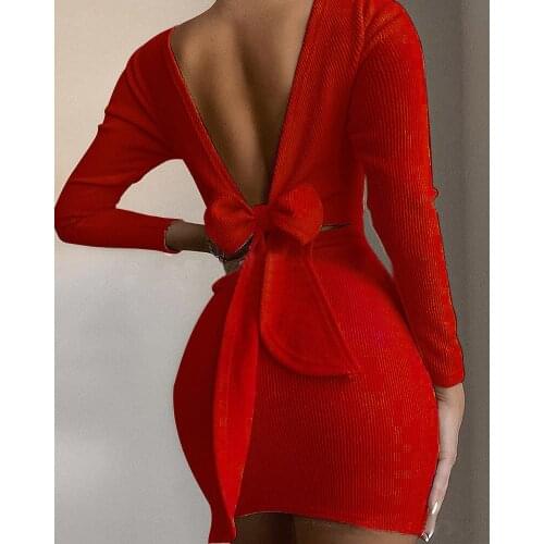 Sexy backless bowknot dress sukienka Women long sleeve mini bodycon dress Fall 2021 women short dress robe de soirée femme