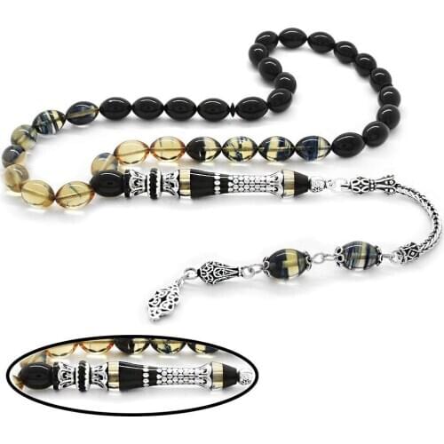 Tesbihane 925 Sterling Silver Tassels Silver Nakkaş Imameli Cottage Black Fire Amber Prayer Beads Turkish handmade Islamic prayer beads