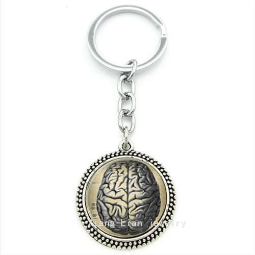 High Quality Fashion men body jewelry keychain Bezel Human Anatomy Brain Weird photo llavero Scientist ring jewelry gift T208