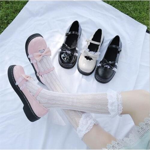 Japanese Sweet Lolita Shoes Lace Bow Uniforms Women cute Shoes Kawaii PU Shoes D860