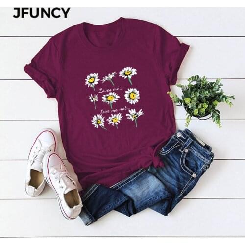 JFUNCY Daisy Print Short Sleeve Womens T-shirt 100% Cotton T-shirts Women Summer Tee Shirts Woman Tops Plus Size Casual T Shirt