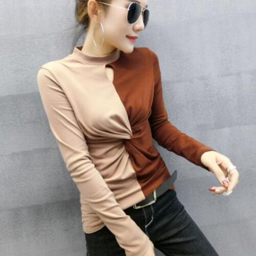 #5637 Spliced Color Wrap T Shirt Women Stand Collar Sexy Streetwear Tshirt Long Sleeved Fashion Basic T Shirts Female Cotton