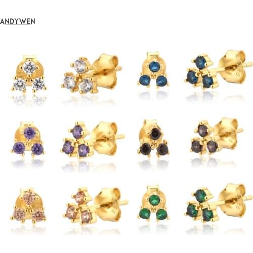 ANDYWEN 925 Sterling Silver Colorful Three Zircon Stud Earring Women SImple Piercing Ohrringe Pendientes Luxury Women Fine Jewel