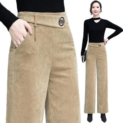 New Womens Corduroy Wide-leg Pants Spring Autumn Plus Size High-Waist Casual Trousers Winter Plus Velvet Warm Straight-Leg Pants