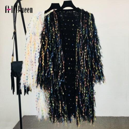 2020Autumn Women Colorful Sequins Tassels Knitted Long Sweater Cardigan Jacket Winter Handmade soft Velvet Fluffy Coat Outwear