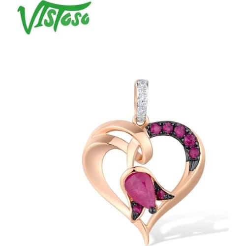 VISTOSO Gold Pendant For Women Genuine 14K 585 Rose Gold Heart Natural Ruby Sparkling Diamond Tulip Flower Trendy Fine Jewelry
