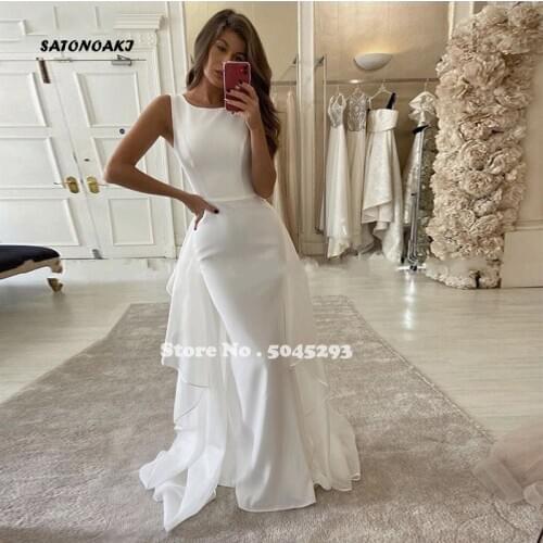 2020 Modest White Mermaid Wedding Dress O Neck Sleeveless With Detachable Organza Train Bridal Gown Vestido De Novia Online Shop