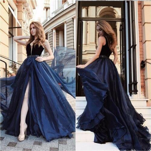 Elegant A Line Prom Dresses 2019 V Neck High Split Sweep Train Evening Gowns Women Formal Wear