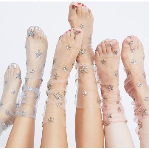 2018 US Fashion Glitter Star Soft Mesh Socks Women Transparent Elastic Sheer Ankle socks Skin