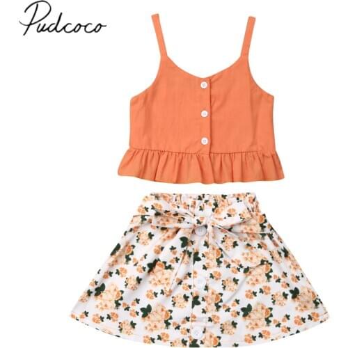 2019 Baby Summer Clothing Toddler Kids Baby Girl Floral Clothes Sets Solid Vest Tops+Skirt Outfits Holiday Boho 2PCS Set 1-6Y