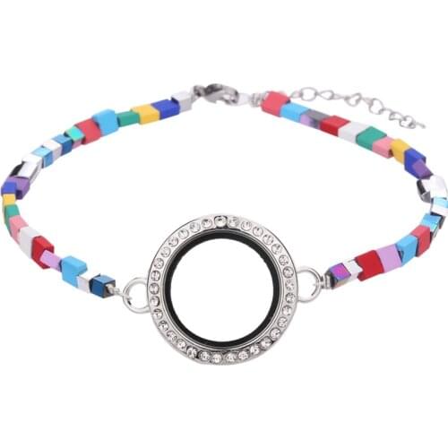 3pcs/lot Square plating color Natural stone DIY Bracelet Glass crystal Floating charm 25mm locket bracelet with Extension chain