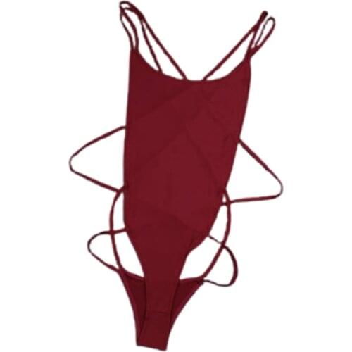 448D Sexy Basic Criss Cross Tie Knot Front Deep V Open Back Swimwear, No Chest Support without Chest Pad, Black/Red