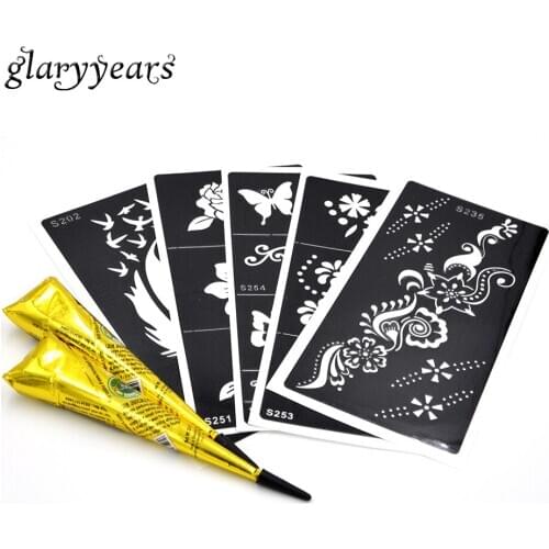 5 Pieces Medium Henna Stencil + 2 Pieces Black Henna Paste Cone Beauty Women Body Arm Makeup Art Paint Tattoo Stencil Waterproof