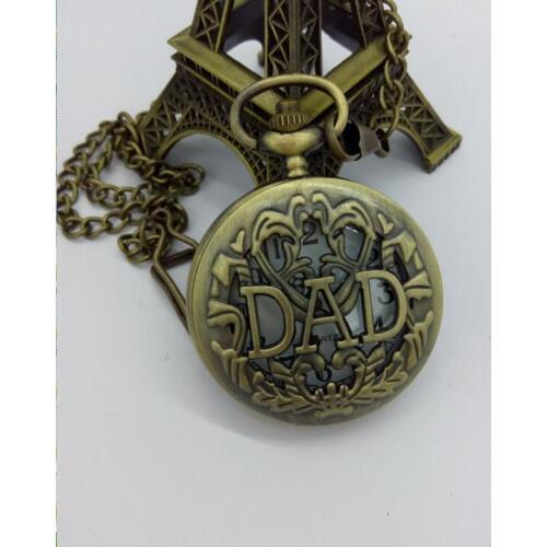 Antique DAD Pocket Watch Hollow Design Pendant Bronze FOB chainMens Happy Fathers Day Gift Free Shipping