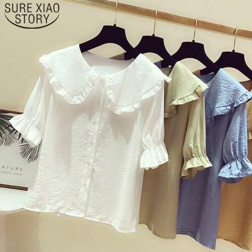 New Fashion Slim Short Sleeve Women Clothing Blouses 2021 Summer Doll Collar Button Solid Casual Woman Tops Clothes 5164 50