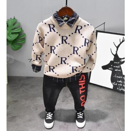 Baby Cotton Clothes Kids Sets 2021 Spring Autumn Childrens long Sleeve Knit Sweater Shirt Jeans 3pcs Suit Boys Clothing Suit