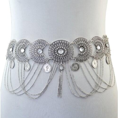 Fashion Retro Style Hollow Crystal Tassel Geometric Coin Long Waist Chain Accessories Girls Belt Metal Decoration Silvery