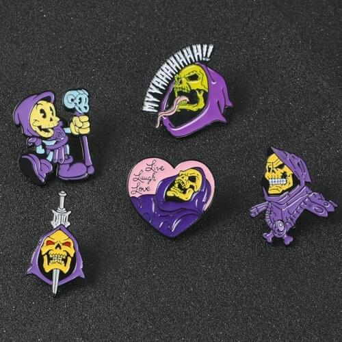 He-Man and the Masters of the Universe Live Laugh Love Skeleton Skull Sword wand Halloween Enamel Brooches Pins For Friends