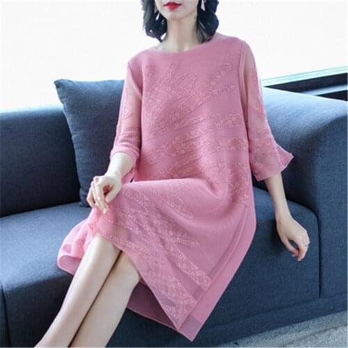 Miyake Heavy Industries Beaded Embroidered Dress 2021 Spring New Fashion Cover Belly Age Reduction Loose Large Size Womens