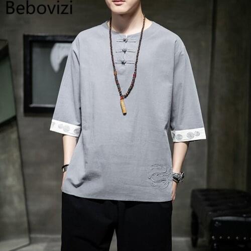 Chinese Traditional Style Orient Tang Pan Gu Button Hanfu Men Cotton Plus Size M-5XL Embroidery Summer Linen Han Fu Tops Clothes