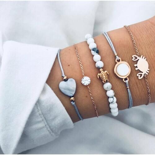 5 Pcs/set Bohemian Cute Crab Turtle Heart Gem Beads Woven Bracelet Set Women Charm Jewelry Accessories Christmas Gift