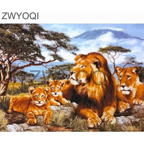 Full Square Diamond painting Cross stitch Lion Tree Mountain Full Round Diamond mosaic Mountain lion 5D DIY Diamond embroidery