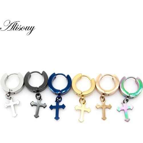 Alisouy 2 pc Unisex Women Men Cross Drop Earrings Hoop Ring Earrings in Stainless Steel Girl Street Nightclub Pendant jewelry
