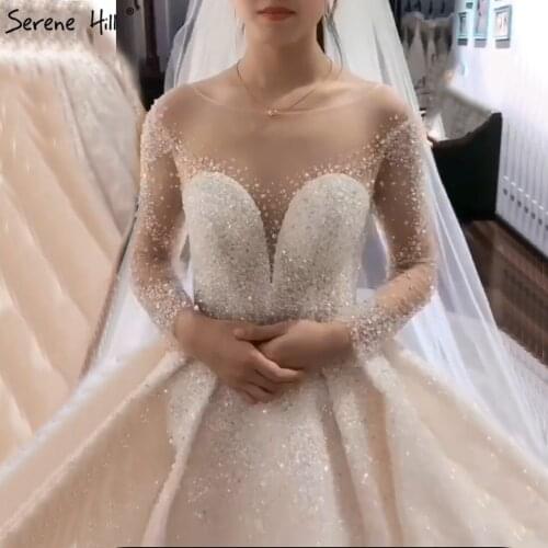 Beading Pearls White Sparkle High-End Sexy Wedding Dresses Dubai Long Sleeve Bridal Gowns BHA2287 Custom Made