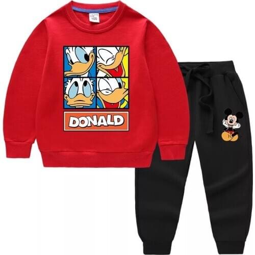 Dinsey Autumn Cartoon Donald Duck Girls Clothes Set Baby Boy Hooded Sweatshirts+Pants Children Clothing Set Kids Sportswear