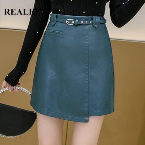 REALEFT Irregualr Faux PU Leather Women Skater Skirt with Belted 2021 New Autumn Winter High Waist Office Wrap Sexy Mini Skirts