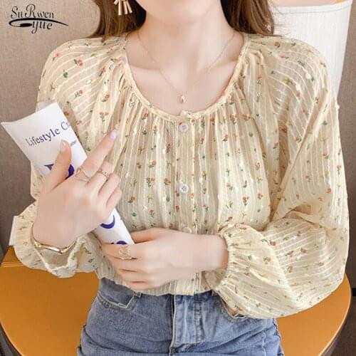 Autumn Elegant Floral Chiffon Shirt Lantern Sleeve Single-breasted Delicate Women Blouse Vertical Stripe Long-sleeve Shirt 16244