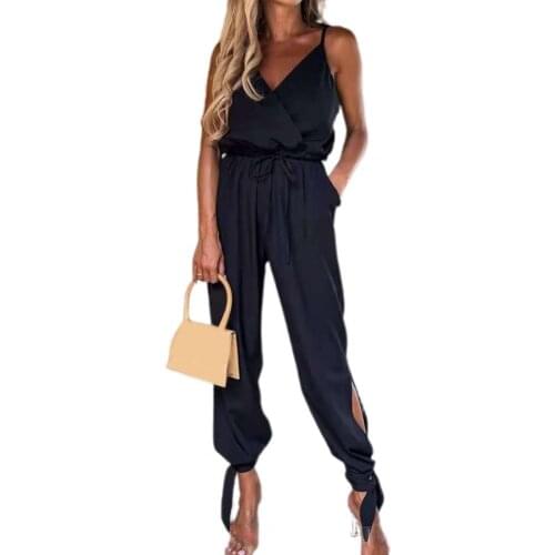 Women Jumpsuit Solid Color V Neck Summer Lace-up Spaghetti Straps Elastic Waist Romper Vacation combinaison femme