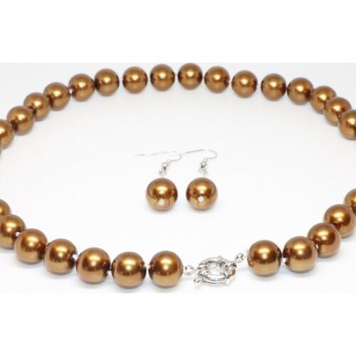 New arrivel 12mm vintage bronze color round simulated-pearl shell round beads necklace earrings women jewelry set 18inch B2337