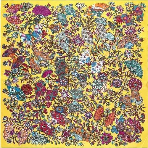 130cm Flower Fan Winter Square Scarves 100% Twill Silk Scarf Women Brand Design Luxury Foulard Hijab Scarf Shawl Warp For Ladies