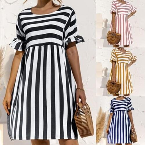 2021 Summer New Fashion O Neck Womens Dress Casual Loose Solid Short Sleeve Ruffle Patchwork Pocket Ladies Stripe Dress