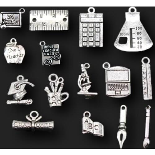 10pc School Supplies Book Bachelor Cap Ruler Pen Diplom Calculator Protractor Pendant DIY Charm Graduation Jewelry Crafts Making