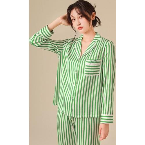 Simple striped satins ice silk sleepwear women pajamas sets long sleeve trousers elegant Korean fashion women 3pcs pyjamas