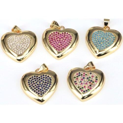 5Pcs, Fashion Charms Gold Color Multi-color Crystal Heart Pendants for Necklace CZ Micro Pave Pendants