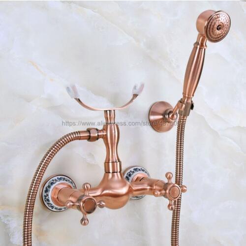 Antique Red Copper Shower Faucet Double Handles Hand Held Shower Head Kit Shower Faucet Sets Nna343