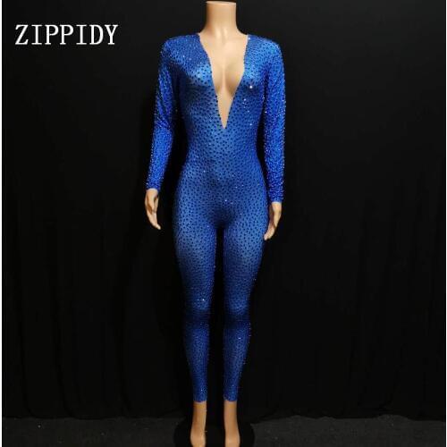 Glisten Blue Rhinestones Bodysuit Women Party Prom Sexy Jumpsuit Costume Stage Wear dance Nightclub Singer Leggings Outfit